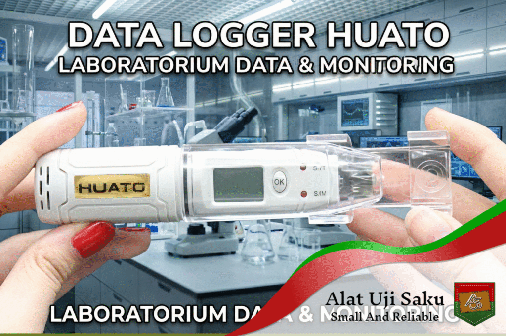 Gambar ini menampilkan seorang pengguna memegang perangkat Huato data logger berwarna putih dalam casing pelindung transparan di lingkungan laboratorium yang canggih. Latar belakang menunjukkan peralatan ilmiah seperti mikroskop, gelas ukur, dan monitor. Teks besar di bagian atas dan bawah gambar berbunyi "DATA LOGGER HUATO" dan "LABORATORIUM DATA & MONITORING".