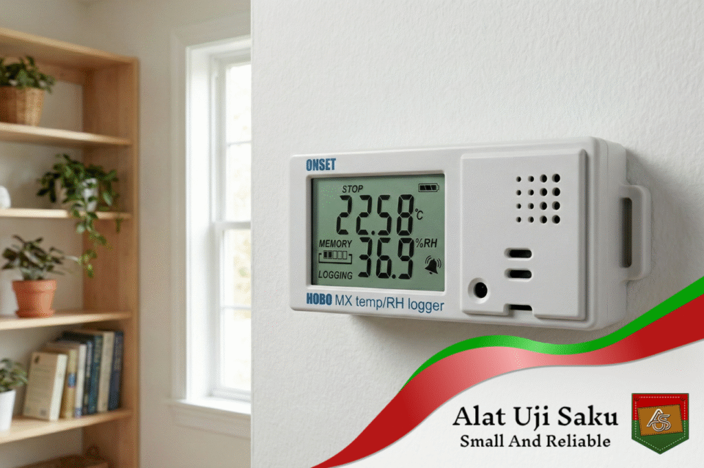 Data logger HOBO MX terpasang di dinding sebagai sistem monitoring suhu dan kelembaban ruangan dengan tampilan display digital yang jelas