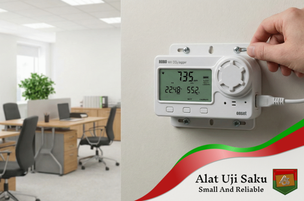 Tampilan layar LCD data logger HOBO MX1102A yang menunjukkan pembacaan CO2 sensor ppm secara real-time di lingkungan kerja.