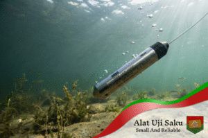 Tampilan bawah air alat HOBO water level data logger berbahan stainless steel yang sedang tergantung di dalam danau, dikelilingi oleh tanaman air, dasar berpasir, dan sinar matahari yang menembus permukaan air.