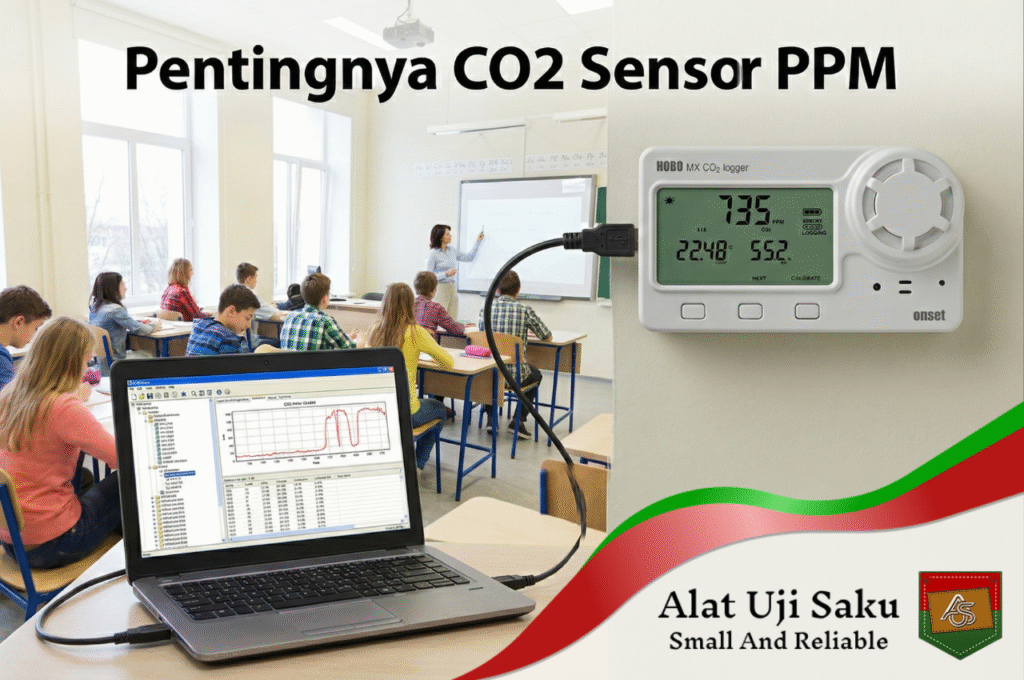 Alat pemantau kualitas udara HOBO MX1102A yang berfungsi sebagai CO2 sensor ppm pencatat data nirkabel untuk keperluan audit energi gedung