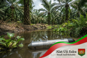 Gambar ini menunjukkan sebuah HOBO Water Level Logger (pencatat level air HOBO) yang ditempatkan di saluran air kecil di tengah perkebunan sawit yang rimbun dan berawa. Alat ini merupakan komponen penting dalam sistem water management sawit untuk memantau ketinggian air di area perkebunan.